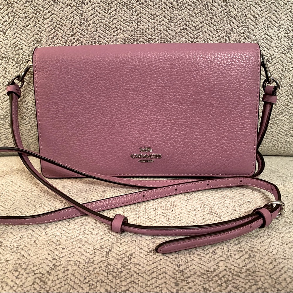 NWOT COACH Anna Fold Over Leather Crossbody Clutch Violet Orchid